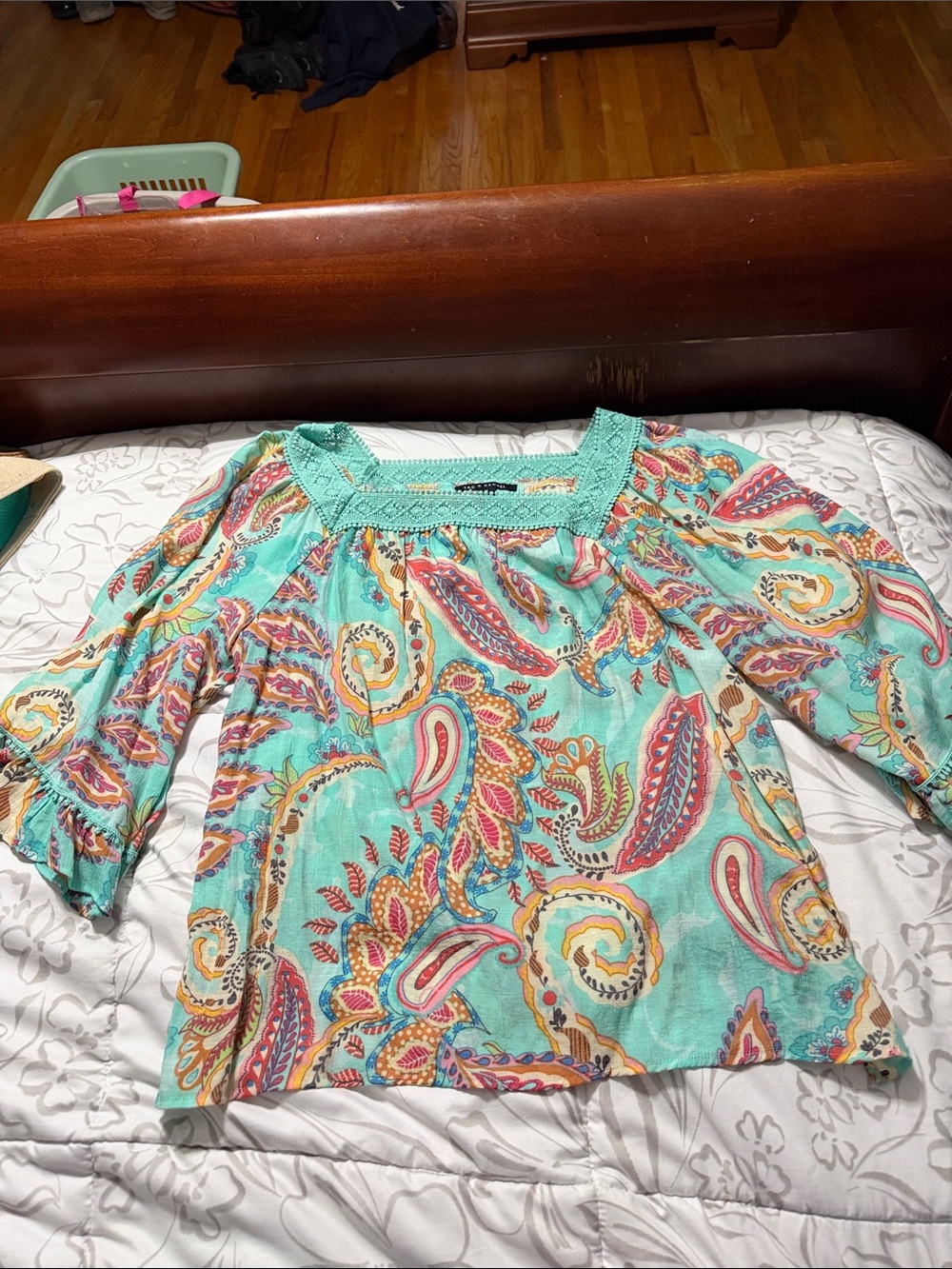 Zac & Rachel Aqua Paisley Peasant Blouse